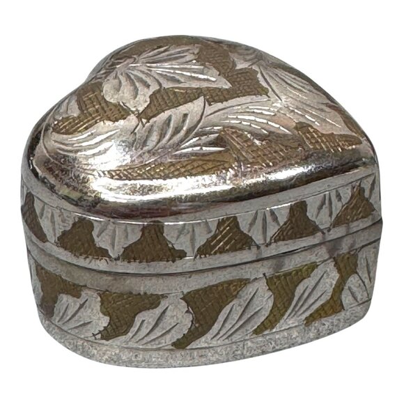 Heart-Shaped Silver & Brass Leaf Trinket Jewelry Ring Gift Box 2" Etched India - Picture 11 of 11